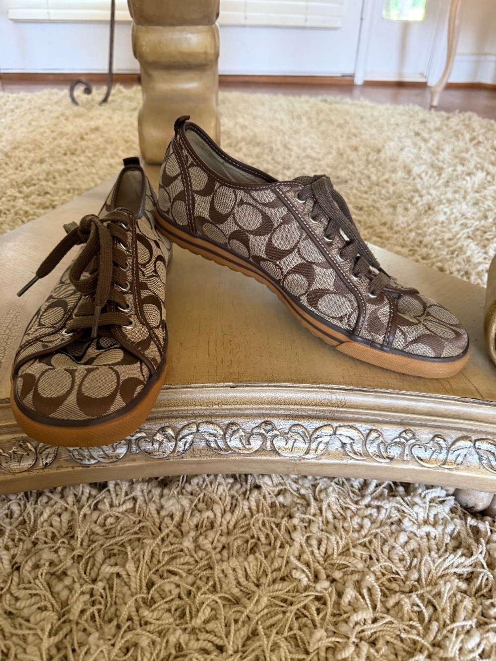 COACH Signature Canvas Sneakers Women's Brown Khaki Logo Lace Up Shoes Size 9.5